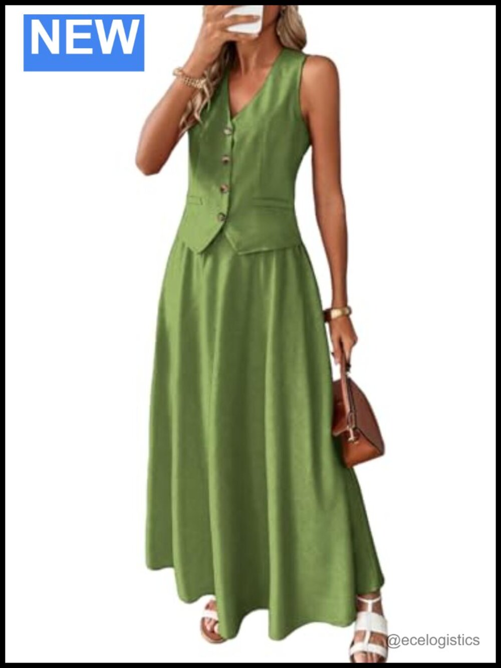 2 Piece Linen Blend Outfit V-Neck Vest Top & Flowy Maxi Skirt